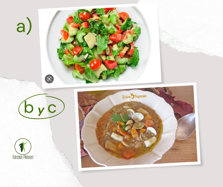 Ensalada de apio, tomate y aguacate con potaje de Lentejas con Sepia y Calabaza